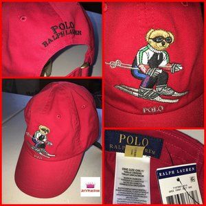 Men Women Ralph Lauren Polo Bear Snow Ski Sled Red Chino Baseball Cap Hat